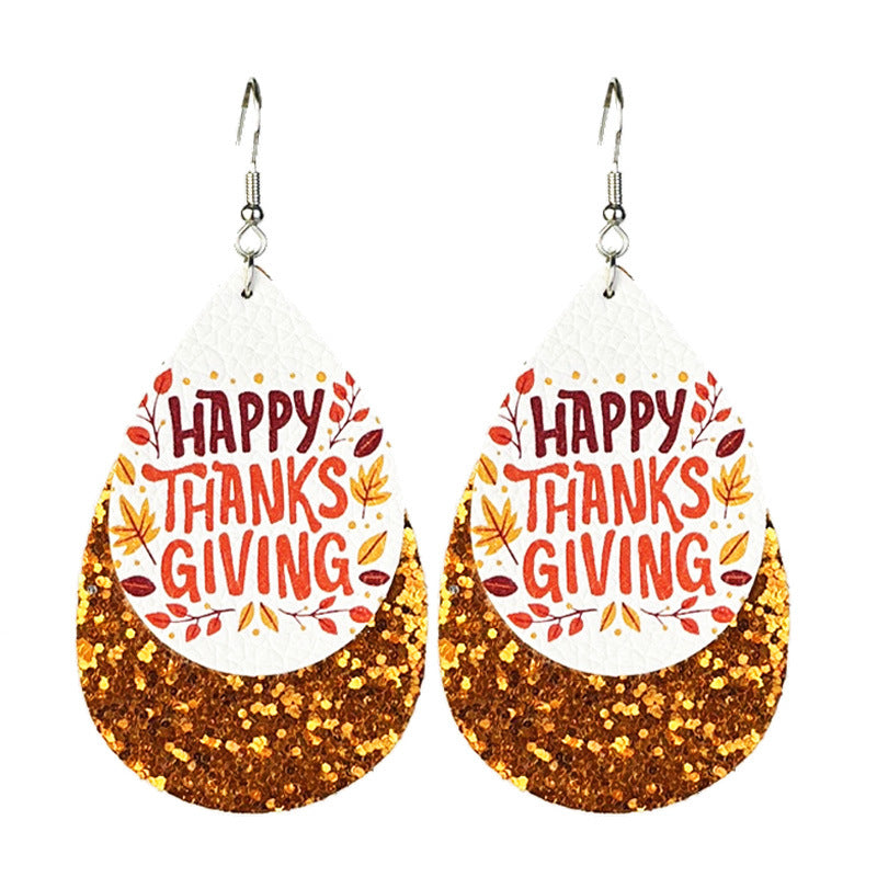 Wholesale 2 Pairs/pack Thanksgiving Double Leather Shiny Pumpkin Pie Coffee Turkey Earrings